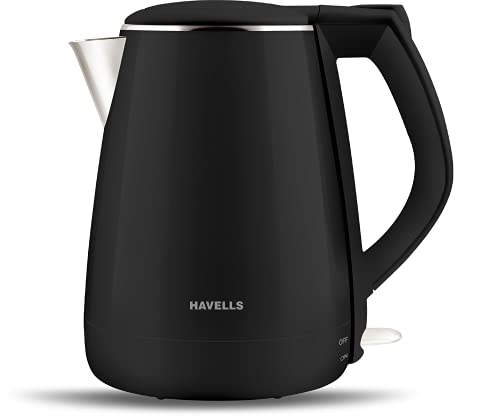 Havells AQUA PLUS 1500 watts 1.2 liters Electric Kettle, Double Layered Cool Touch Outer Body | 304 Rust Resistant SS Inner Body with Auto Shut Off | Wider Mouth | 2 Year Warranty (Black)