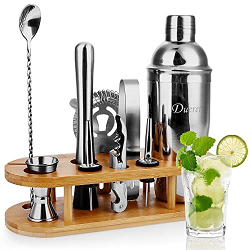 Duerer Bartender Kit with Stand, 11-Piece Cocktail Shaker Set with Stylish Bamboo Stand, Perfect Home Bar Tool Set and Professional Martini Cocktail Shaker Set, Perfect Drink Mixing Bar Set Tools